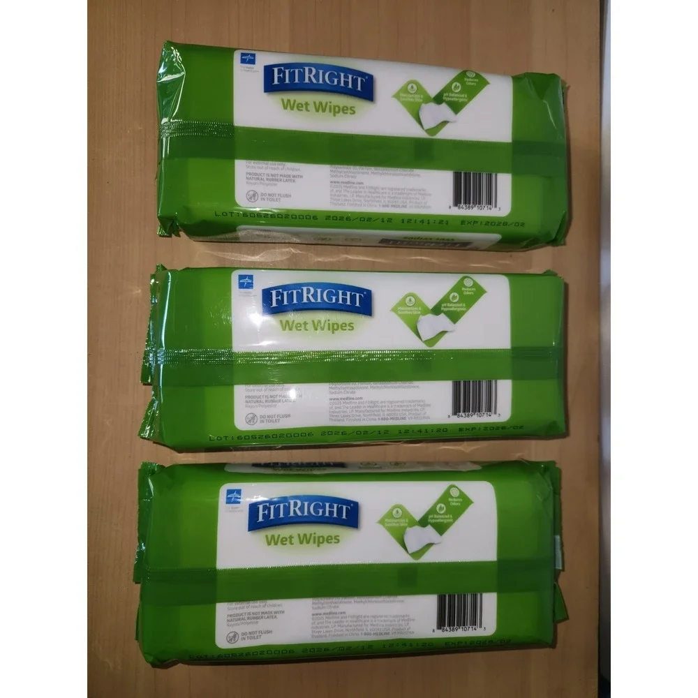 3x -68 Count Medline FITRIGHT Wet Wipes Personal Cleansing Wipes Exp 02/28~NEW
